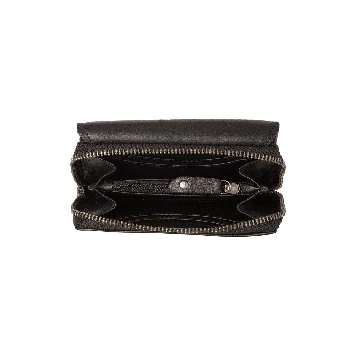 
Solid Antique Brass Hardware & Heavy-Duty Dual Zipper Detail on Salviano Billetera de cuero flor
