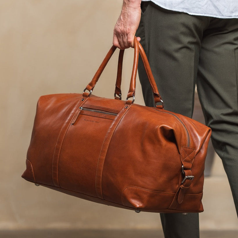 Classic 100% Full-Grain Leather Duffle Bag - Rear Perspective Showing Reinforced Leather Straps & Stitching