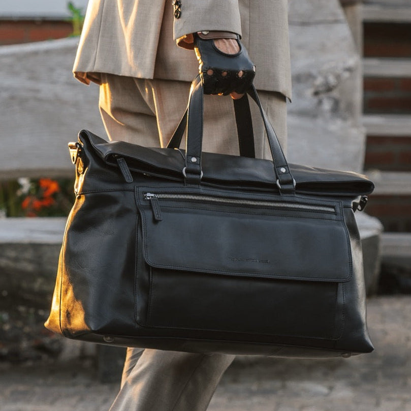 Classic 100% Full-Grain Leather Duffle Bag - Rear Perspective Showing Reinforced Leather Straps & Stitching