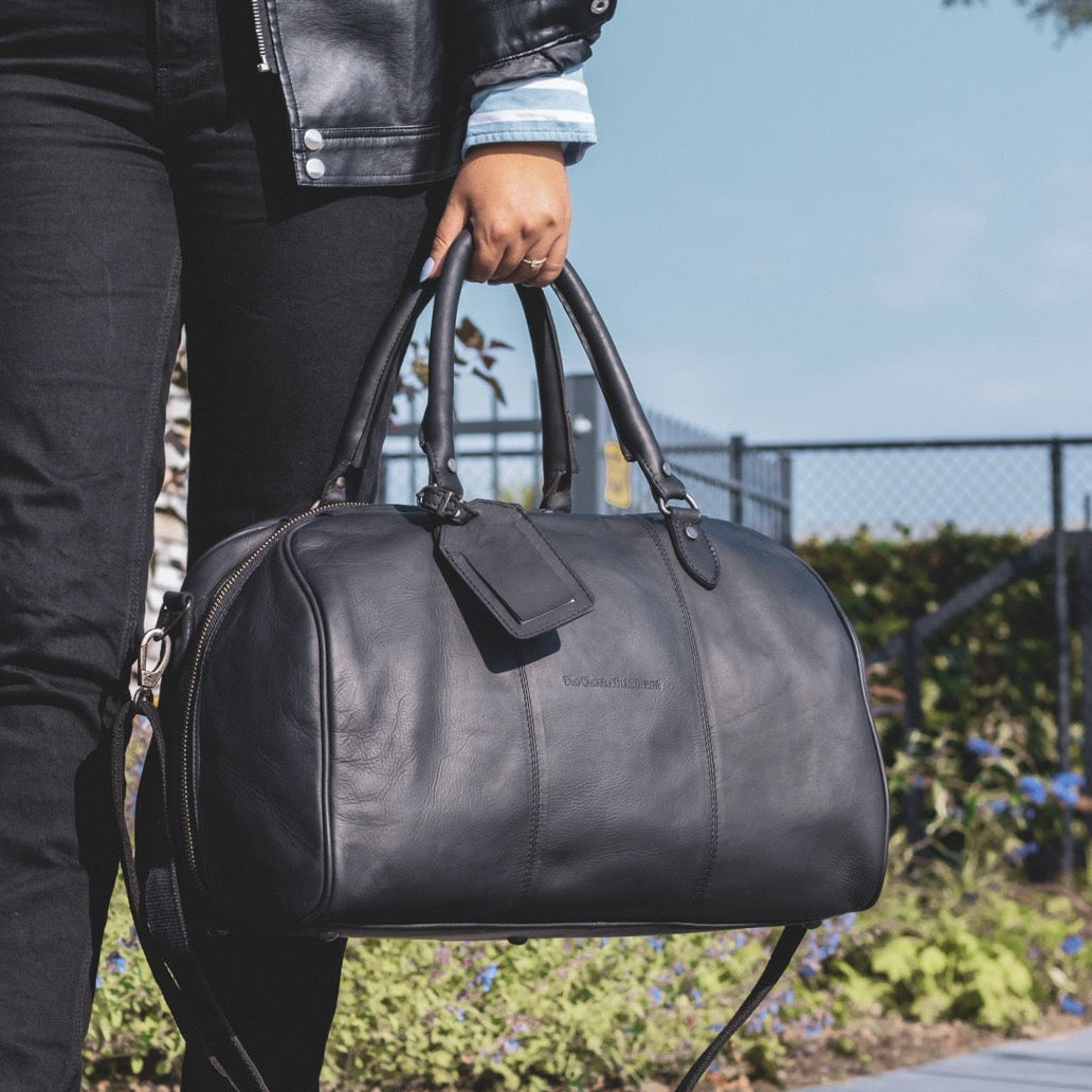Classic 100% Full-Grain Leather Duffle Bag - Rear Perspective Showing Reinforced Leather Straps &amp; Stitching