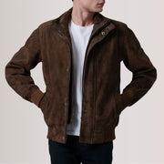 Tailored Rib Cuffs &amp; Hem Craftsmanship Construction Detail on Lester Marrón Suede Cazadora Bomber de Cuero para Hombre For Men