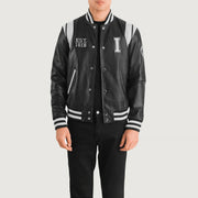 Liberte Illinois Negro Leather Varsity Chaqueta de Cuero para Hombre in Black &amp; White Sheepskin Leather - Vista frontal y silueta a medida | Comprar online