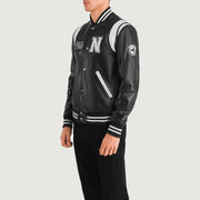 
Black & White Sheepskin Leather Varsity Jacket - Vista posterior con hombros definidos y bajo impecable