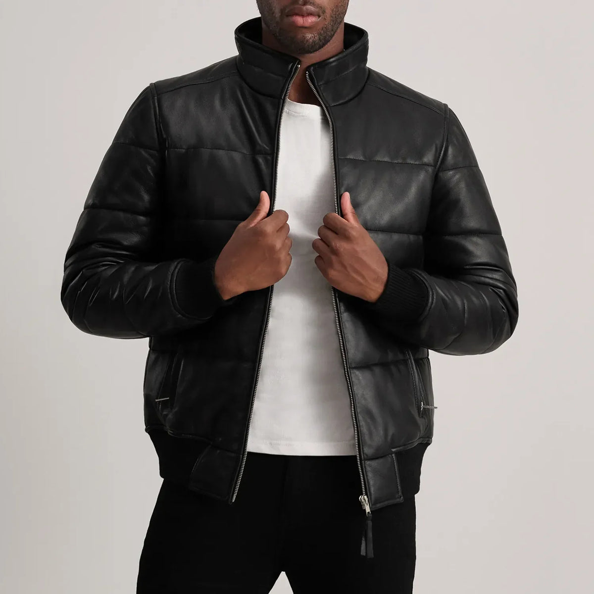 Lucas Blue Leather Puffer Bomber Jacket in Blue Sheepskin Leather - Vista frontal y silueta a medida | Comprar online