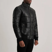 Blue Sheepskin Leather Bomber Jacket - Vista trasera con ajuste entallado en hombros y bajo impecable