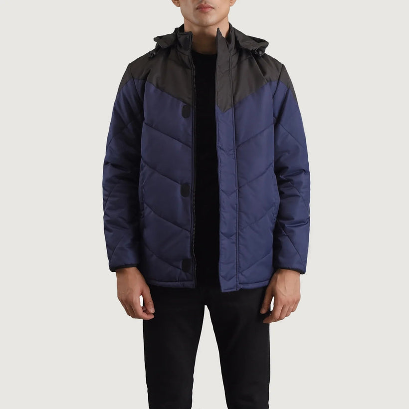 Luka Negro & Azul Hooded Puffer Chaqueta de Cuero para Hombre