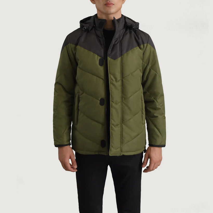 Luka Negro & Verde Hooded Puffer Chaqueta de Cuero para Hombre