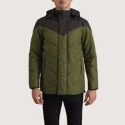 
Vista de detalle of Classic Collar & Zipper With Velcro Placket Hardware on Luka Negro & Verde Hooded Puffer Chaqueta de Cuero para Hombre