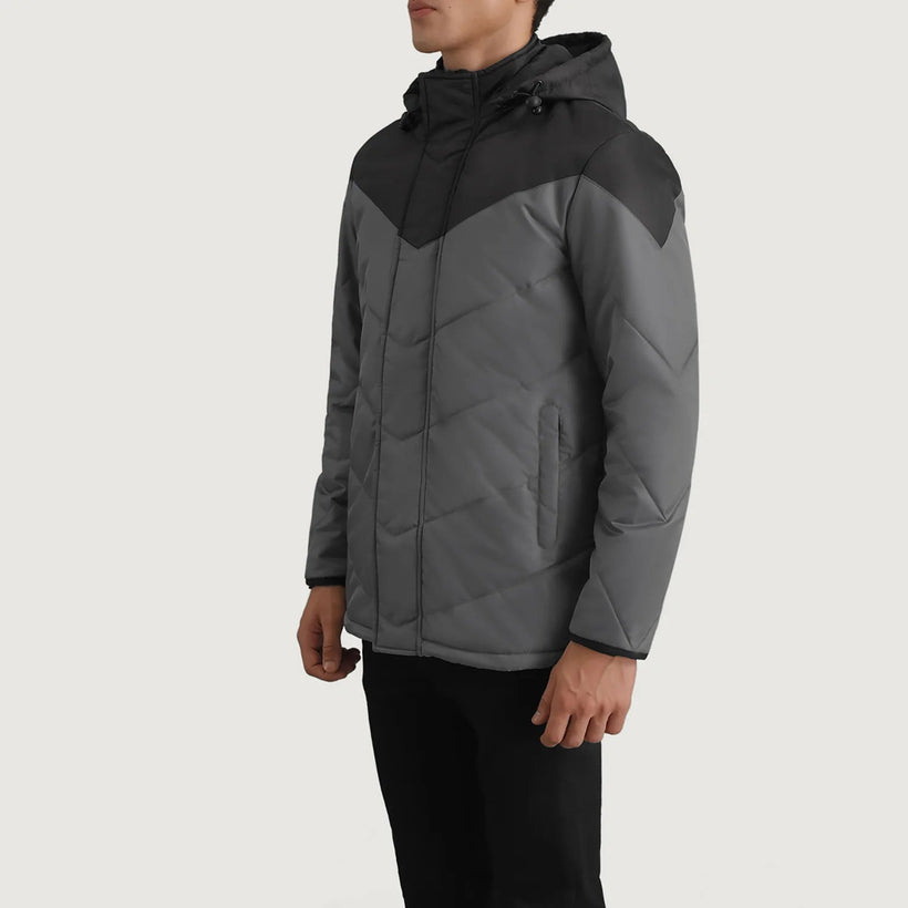 Luka Negro & Gris Hooded Puffer Chaqueta de Cuero para Hombre