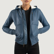 Women's Luna Blue Hooded Leather Bomber Jacket in Blue Sheepskin Leather - Vista frontal y silueta a medida | Comprar online