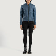 Women's Luna Blue Hooded Leather Bomber Jacket - Vista de perfil lateral con corte ergonómico de manga