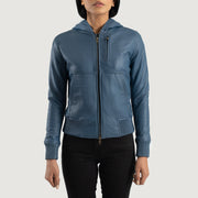 Detalle de cerca of Hooded &amp; Zipper Hardware on Women's Luna Blue Hooded Leather Bomber Jacket