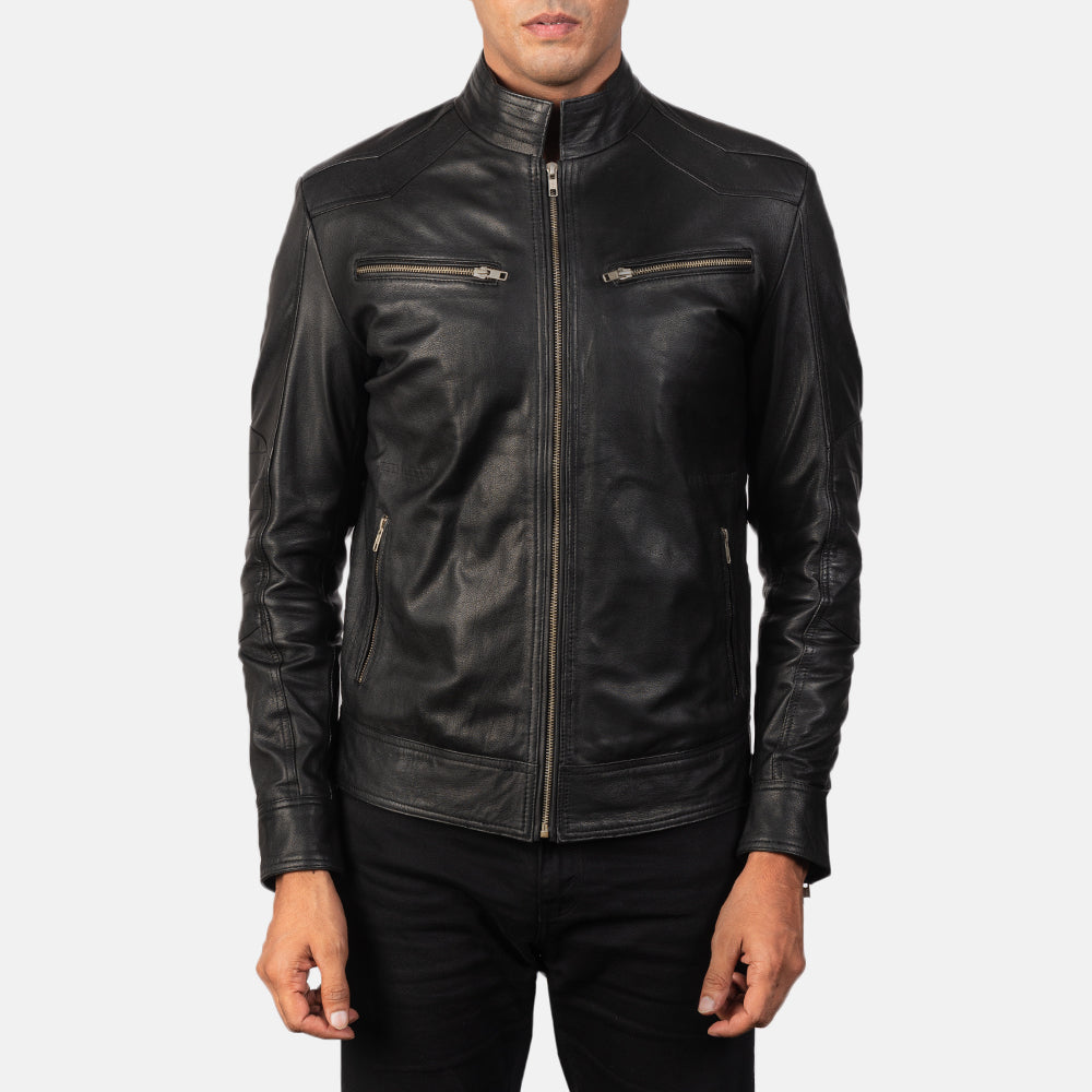Close-Up Detail of Band & Zipper Hardware on Men's Mack Black Leather Biker Jacket