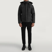 
Malcolm Negro Hooded Puffer Chaqueta de Cuero para Hombre - Vista lateral mostrando el corte ergonómico de mangas