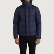 
Vista de detalle of Classic Collar & Zipper With Placket Hardware on Malcolm Azul Hooded Puffer Chaqueta de Cuero para Hombre