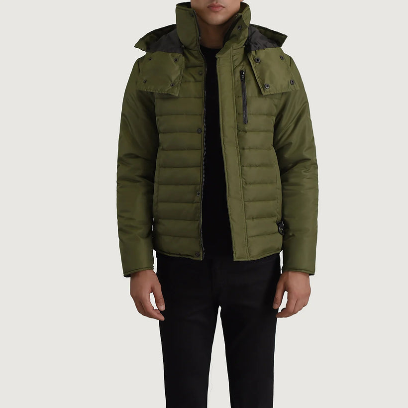 Malcolm Verde Hooded Puffer Chaqueta de Cuero para Hombre