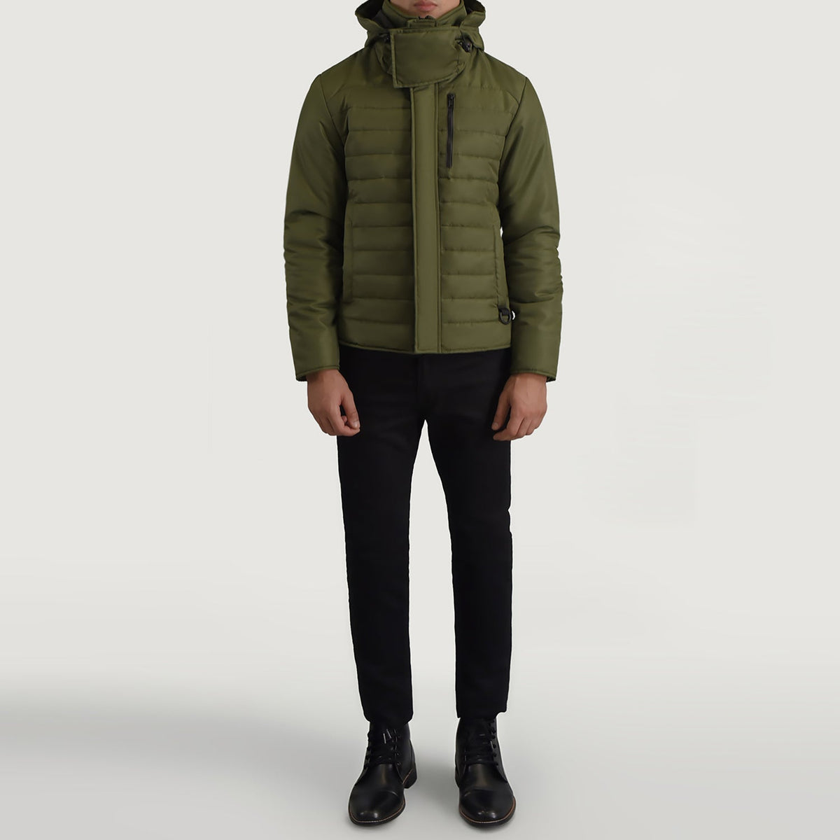 
Vista de detalle of Classic Collar & Zipper With Placket Hardware on Malcolm Verde Hooded Puffer Chaqueta de Cuero para Hombre