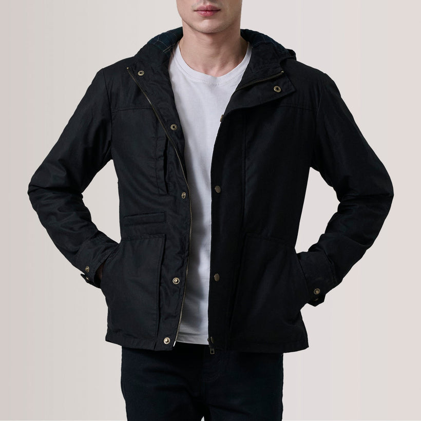 Marlo Negro Canvas Hooded Work Chaqueta de Cuero para Hombre