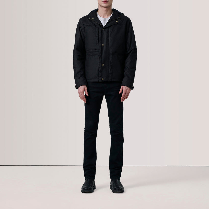 Marlo Negro Canvas Hooded Work Chaqueta de Cuero para Hombre