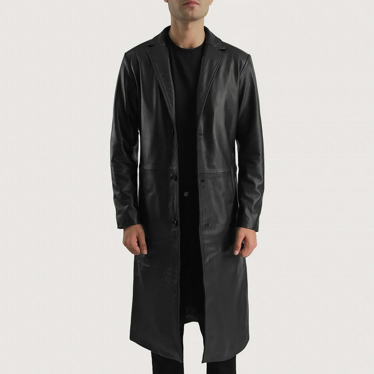 Mateo Black Leather Single Breasted Coat in Black Cowhide Leather - Vista frontal y silueta a medida | Comprar online