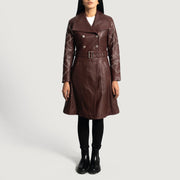 
Maroon Sheepskin Leather Trench Coat - Vista posterior con hombros definidos y bajo impecable