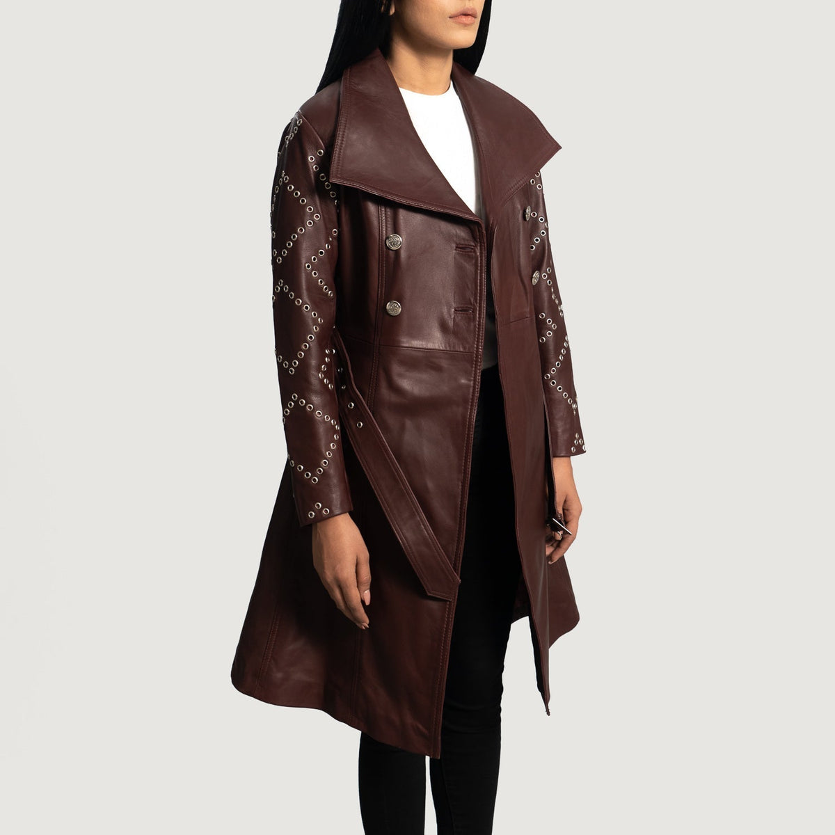 
Missoni Granate Gabardina Trench de Cuero para Mujer - Vista lateral mostrando el corte ergonómico de mangas