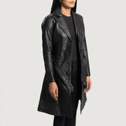 Black Sheepskin Leather Trench Coat - Vista trasera con ajuste entallado en hombros y bajo impecable