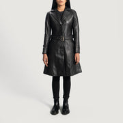 Women's Moonlight Negro Trench de Cuero para Mujer - Vista de perfil lateral con corte ergonómico de manga