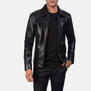 Men's Mystical Black Leather Jacket in Black Cowhide Leather - Vista frontal y silueta a medida | Comprar online