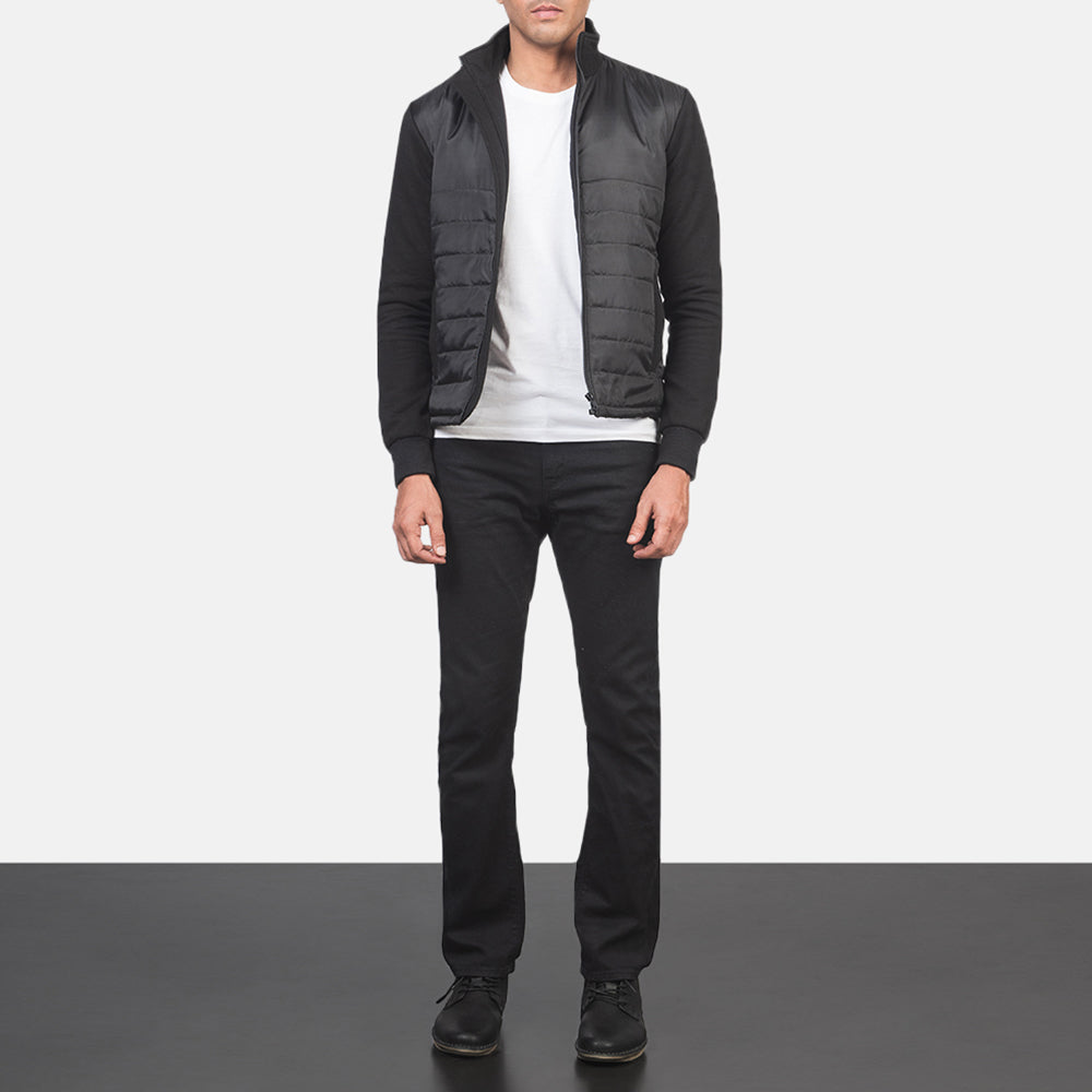
Nashville Acolchado Negro Windbreaker Chaqueta de Cuero para Hombre - Vista lateral mostrando el corte ergonómico de mangas