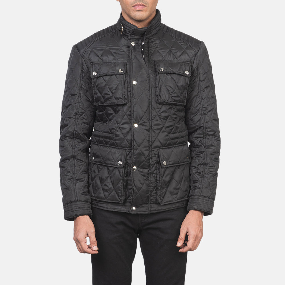 Vista de detalle of Belted Band & Zipper with Front Button Flap Hardware on Nelson Quilted Black Windbreaker Jacket