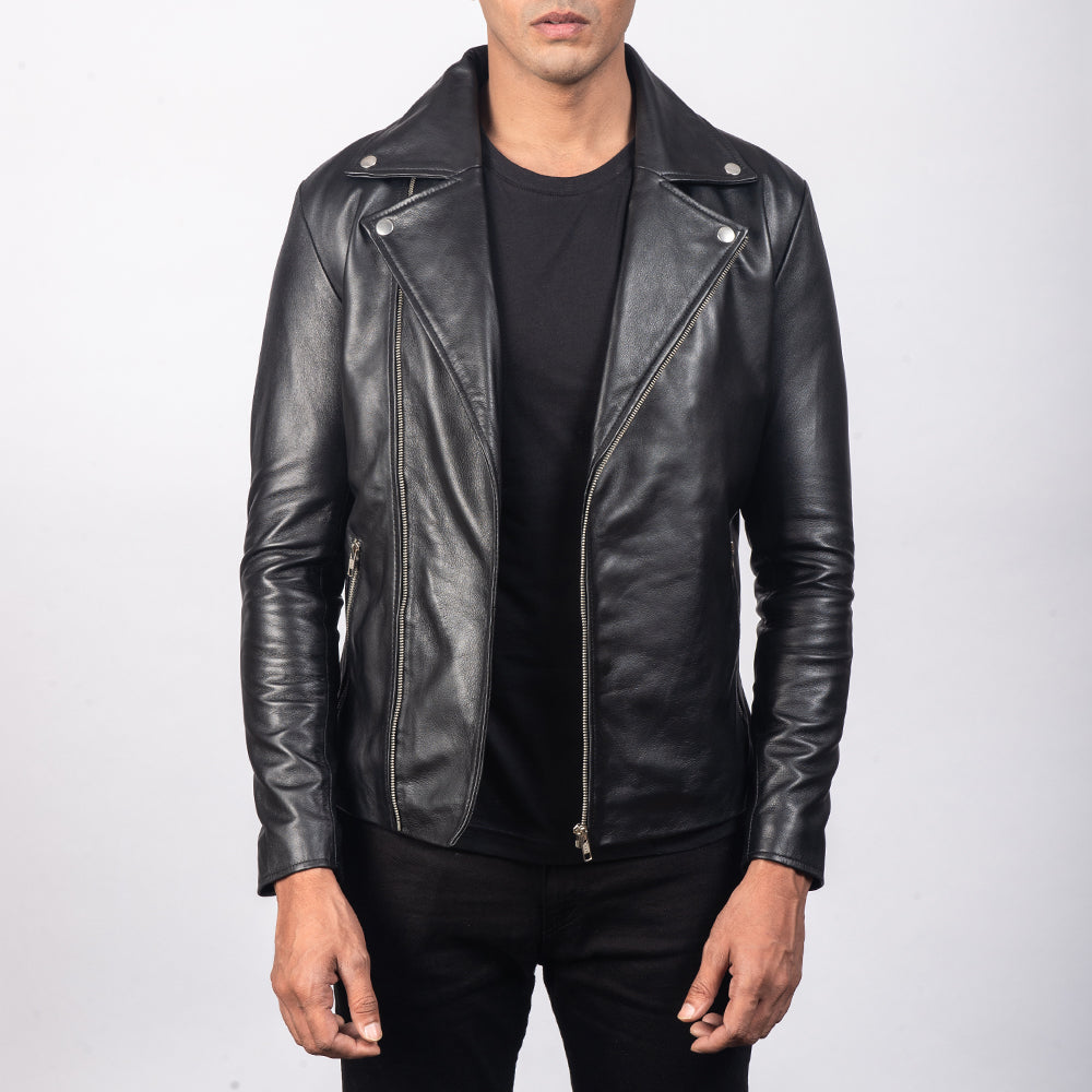 Men's Noah Black Leather Biker Jacket in Black Sheepskin Leather - Vista frontal y silueta a medida | Comprar online