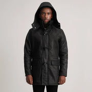 
Vista de detalle of Band collar & Zipper with Toggle button Hardware on Nolan Black Snuffed Leather Duffle Coat