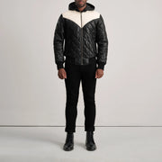 
Norman Tan Hooded Bomber Leather Puffer Jacket - Vista lateral mostrando el corte ergonómico de mangas