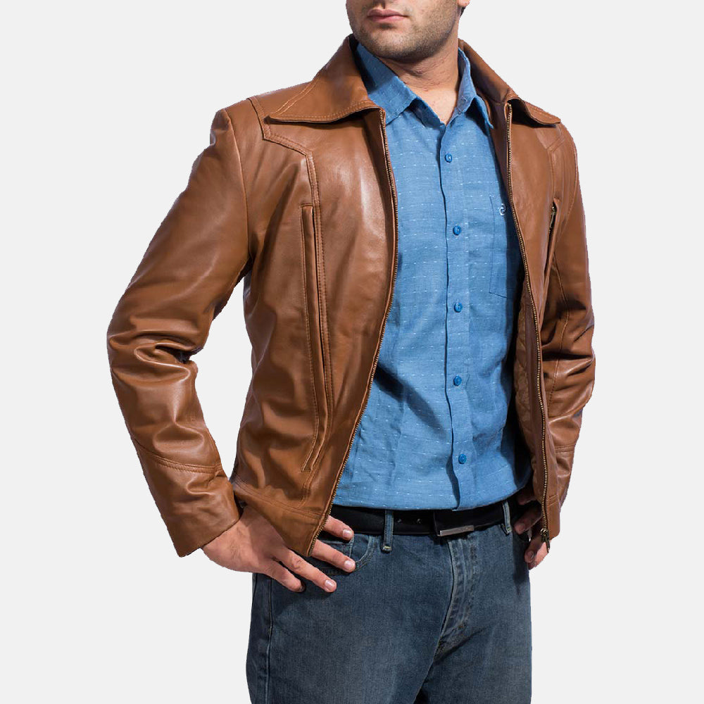 Old School Marrón Chaqueta de Cuero para Hombre - Vista de perfil lateral con corte ergonómico de manga