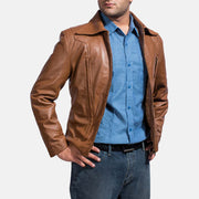 Old School Marrón Chaqueta de Cuero para Hombre - Vista de perfil lateral con corte ergonómico de manga