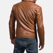Detalle de cerca of Shirt &amp; Zipper Hardware on Old School Marrón Chaqueta de Cuero para Hombre