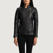 Women's Orient Grain Acolchado Negro Chaqueta Biker de Cuero para Mujer in Black Sheepskin Leather - Vista frontal y silueta a medida | Comprar online