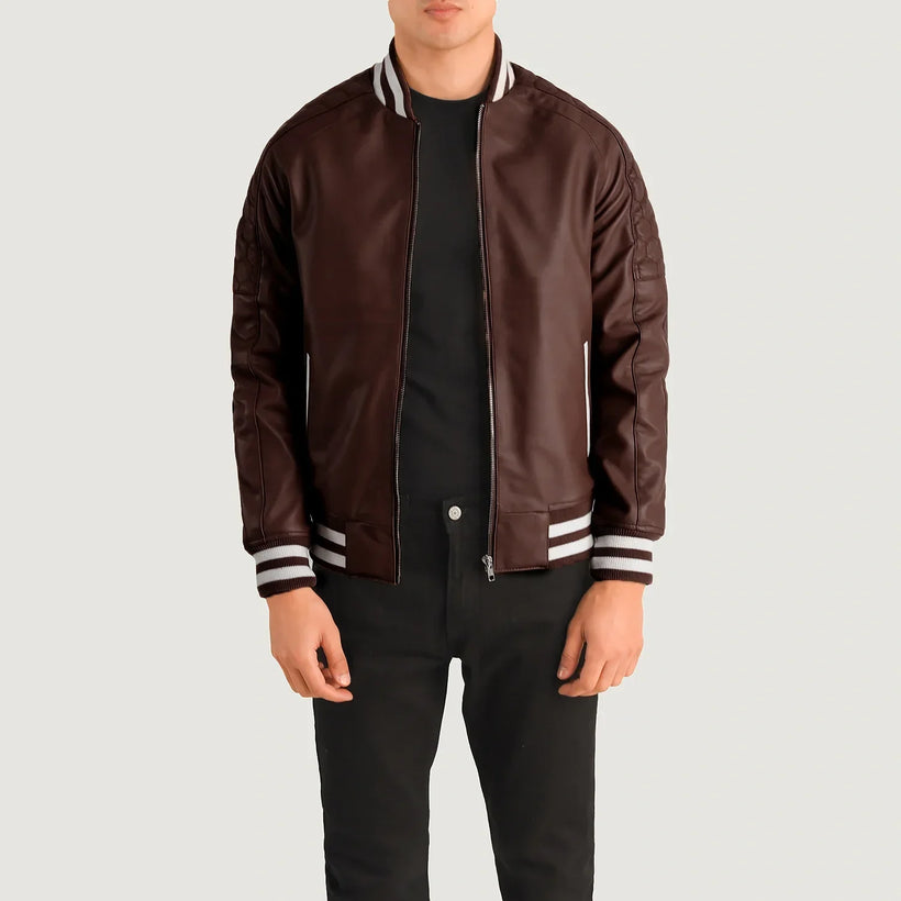 Pascal Granate Leather Varsity Chaqueta de Cuero para Hombre