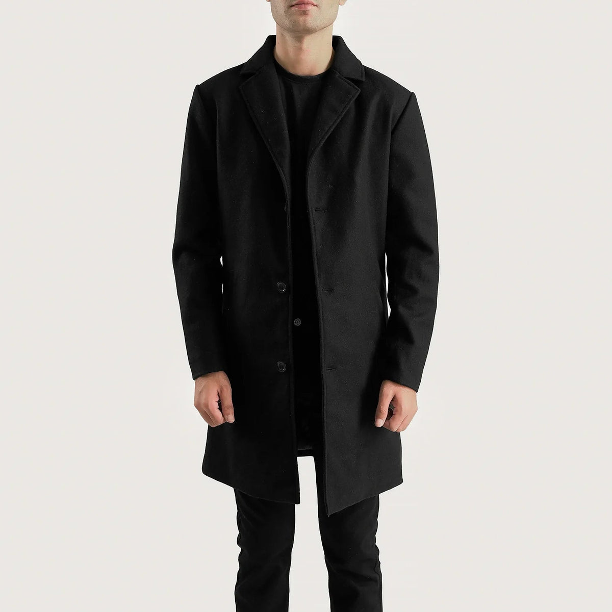 Petrillo Black Wool Single Breasted Coat in Black Synthetic Wool - Front Profile View & Tailored Silhouette | Buy Online