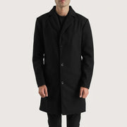 Close-Up Detail of Notch & Button Hardware on Petrillo Black Wool Single Breasted Coat