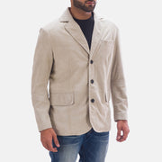 Off White (Greyish) Goatskin Suede Leather Blazer - Vista trasera con ajuste entallado en hombros y bajo impecable