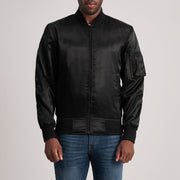 Quinton MA-1 Black Bomber Jacket in Black Satin - Vista frontal y silueta a medida | Comprar online