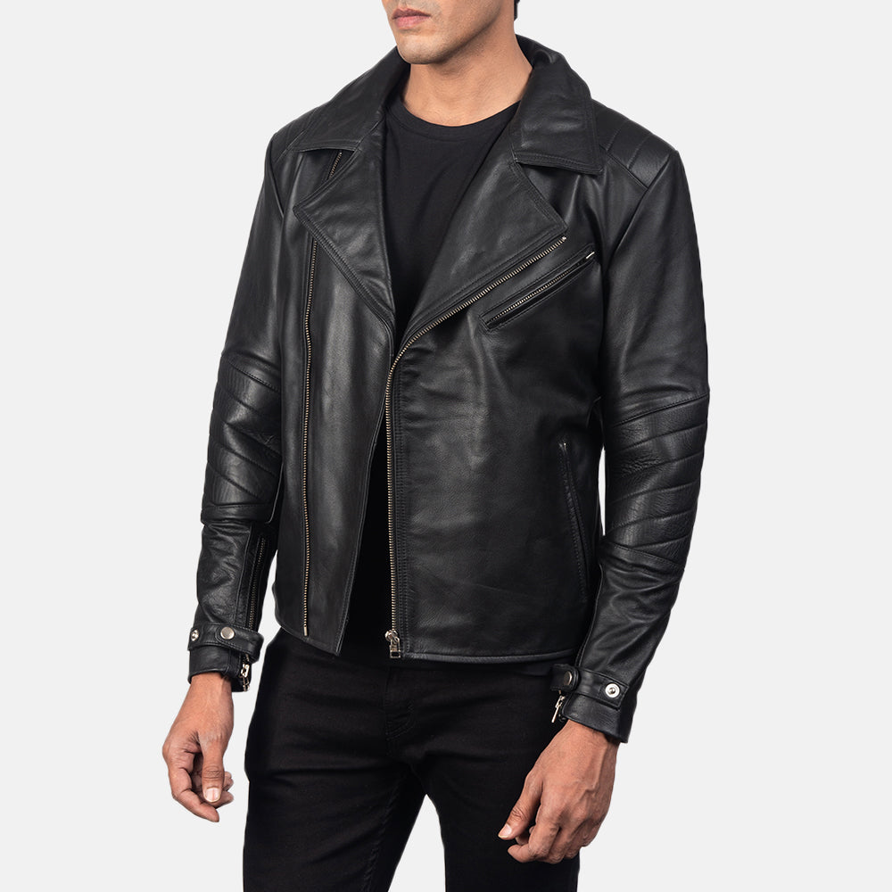 Black Cowhide Leather Biker Jacket - Vista trasera con ajuste entallado en hombros y bajo impecable