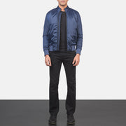 Men's Ramon Azul Cazadora Bomber de Cuero para Hombre - Vista de perfil lateral con corte ergonómico de manga