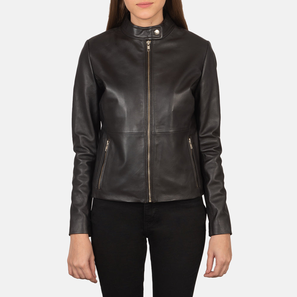 Women's Rave Brown Leather Biker Jacket in Brown Sheepskin Leather - Vista frontal y silueta a medida | Comprar online