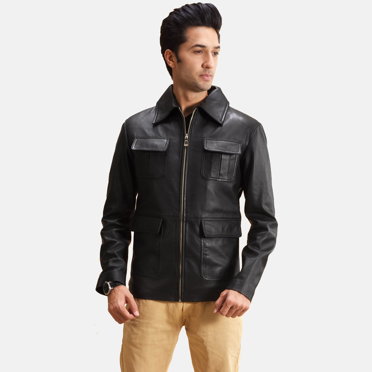 
Raven Negro Chaqueta de Cuero para Hombre in Black Sheepskin Leather - Vista frontal y silueta entallada | Comprar online