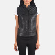 Women's Rayne Moto Black Leather Vest in Black Sheepskin Leather - Front Profile View & Tailored Silhouette | Buy Online
