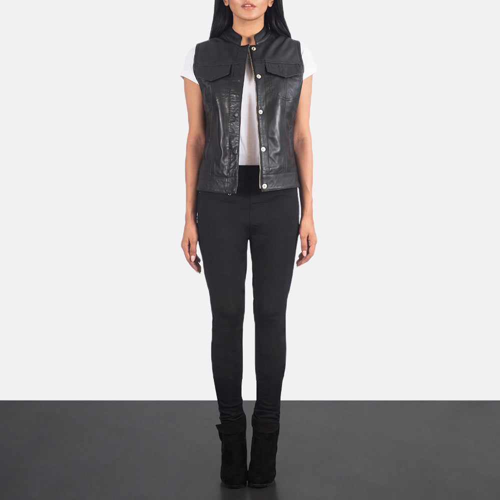 Women's Rayne Moto Black Leather Vest - Lateral Side Profile View Showing Sleeve Cut & Athletic Taper Fit