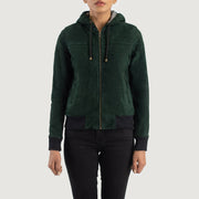 
Vista de detalle of Hooded & Zipper Hardware on Rebella Green Hooded Suede Bomber Jacket